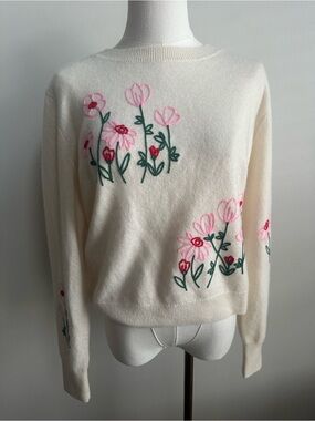 Womens M 100% Cashmere Sweater Embroidered Flowers Ivory Cottagecore Grandmacore
